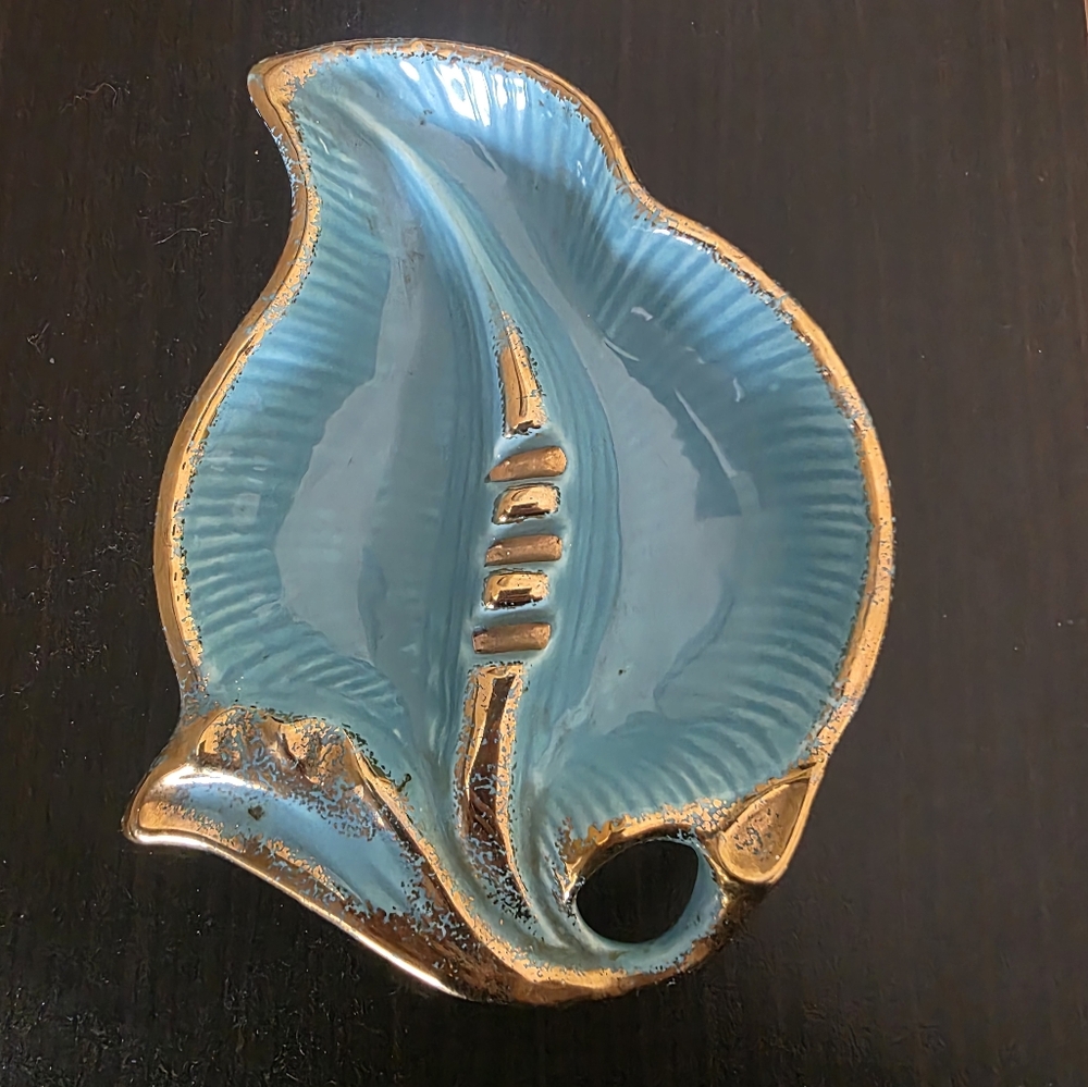 VINTAGE Maurice Cali Artistic Teal and Gold Leaf Ceramic Ashtray or Dish